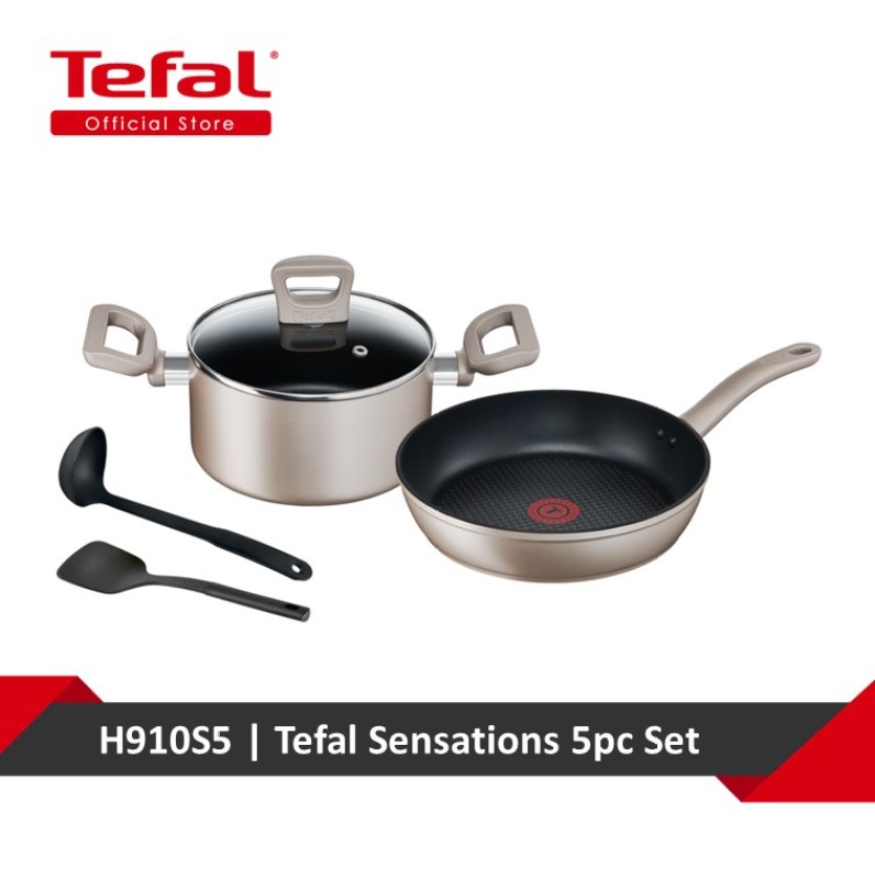 Tefal Sensations 5pc Set (Frypan 26cm + Stewpot 20cm w/lid + Spatula + Ladle) H910S5 Singapore