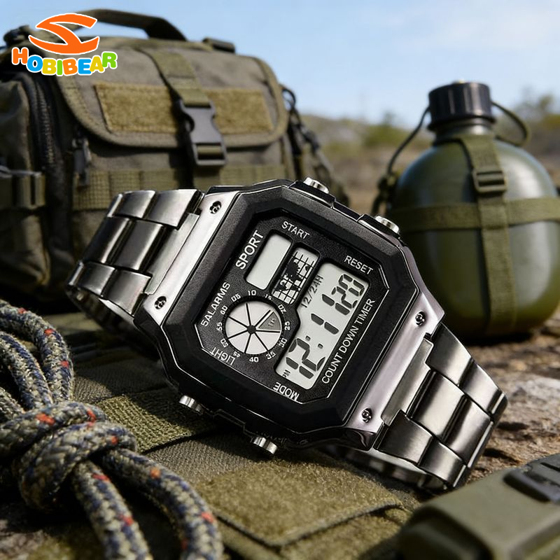 HOBIBEAR Men's Digital Sport Watch with LED Backlight and Steel Band ราคา 78 บาท*ส่งฟรี