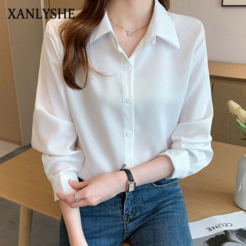 XANLYSHE ต้นฤดูใบไม้ร่วงเสื้อเชิ้ตสีขาวสไตล์ฝรั่งเศสสำหรับผู้หญิงฤดูใบไม้ร่วงและฤดูหนาวแบบใหม่สวมใส่อาชีพอารมณ์แขนยาวเดินทางสบายๆ ราคา 145 บาท*ส่งฟรี