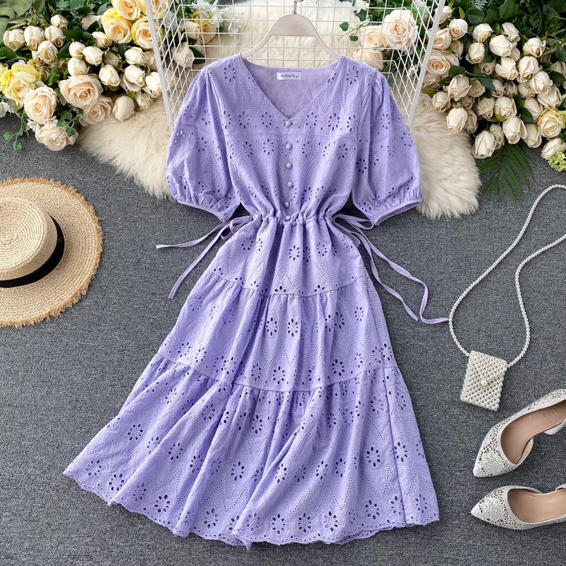 Chic Gió Nhẹ Nhàng Đầm Nữ 2020 Mẫu Mới Cổ Chữ V Dây Rút Bó Eo Nhỏ Xuyên Thấu Phong Cách Tây Tay Bồng Váy Tiên Nữ