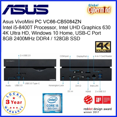 ASUS VivoMini PC VC66 (CB5084ZN) Intel Core i5-8400T Processor, 8GB 2400MHz DDR4, 128GB SSD, Win10 Home, Wireless Keyboard and Mouse