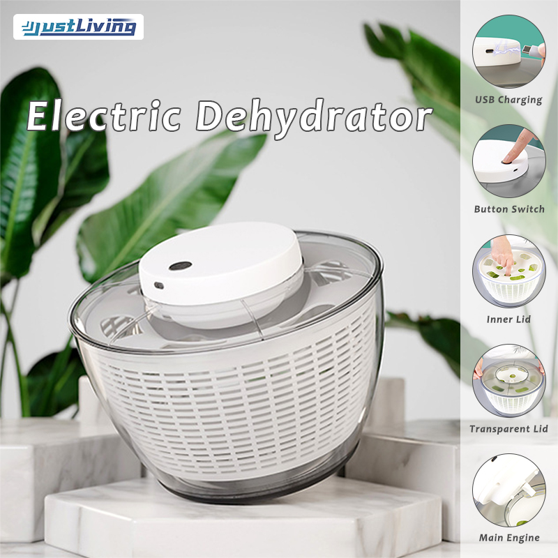 JustLiving 1PC Electric Dehydrator Rotary Draining Vegetable Basket Spinner Electric Salad Spinner Automatic Draining System for Lettuce Vegetable Double Washing and Drainage Basin ราคา 923 บาท*ส่งฟรี