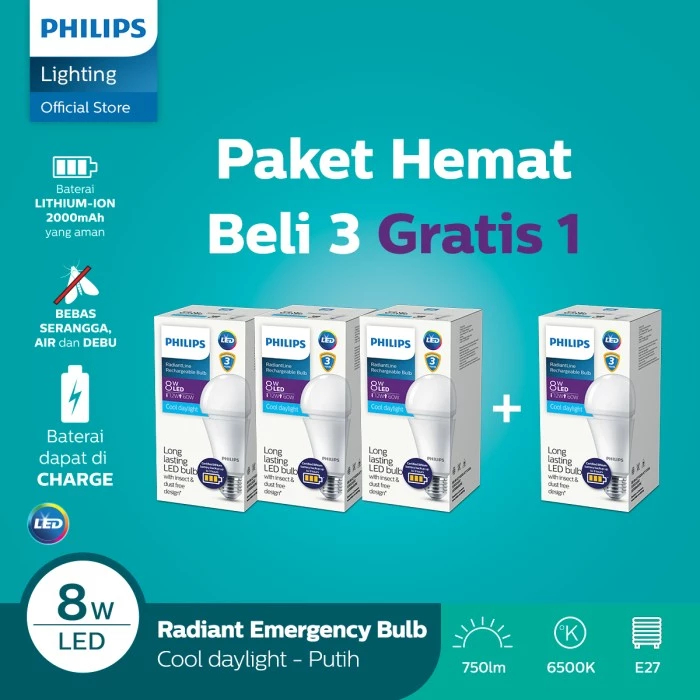 [Exclusive Lazada] Philips Lampu LED Paket Hemat Beli 3 Gratis 1 Rechargeable Radiantline 8W 6500K Putih Harga  248,430 rupiah*Gratis Ongkir