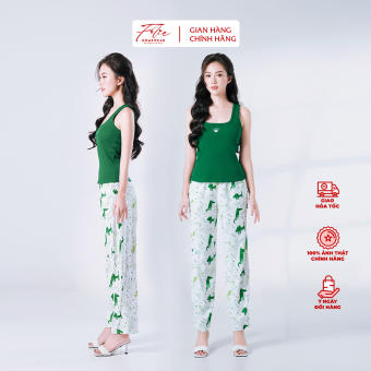 Đồ mặc nhà nữ FOLIE Set FLA3Q3.9 màu xanh lá áo ba lỗ thun gân cotton quần dài lụa tằm ý