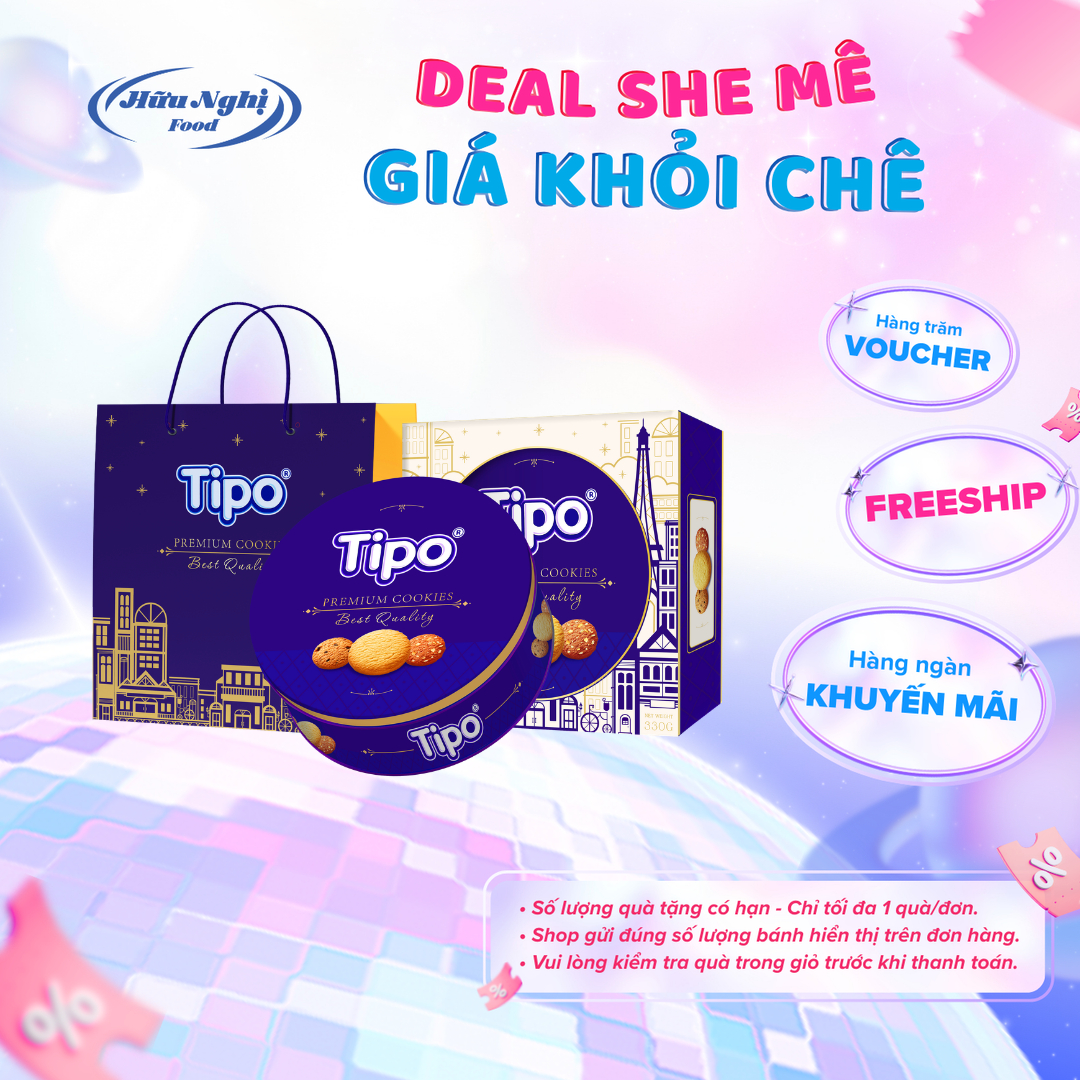 Hộp Bánh Tết Tipo cookies thập cẩm rắc hạt 330g - Bánh hộp thiếc kèm túi