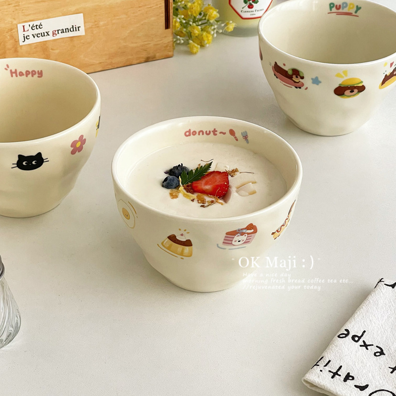 Cute cartoon personal use exquisite and high-value household ceramic oat yogurt bowl, one person food mixing rice bowl Bowls