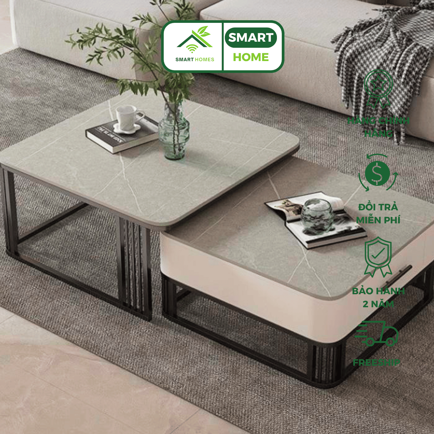 Bàn Trà Đôi SMARTHOMES Mặt Đá Ceramic Chân Kim Loại Cao Cấp Cho Sofa Phòng Khách Hiện Đại