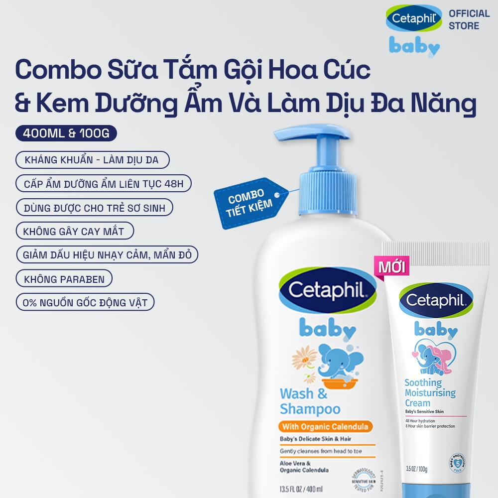 Combo Sữa tắm dưỡng ẩm dịu lành với Calendula hoa cúc hữu cơ 400ML  Kem làm dịu và dưỡng ẩm đa năng cho bé 100G