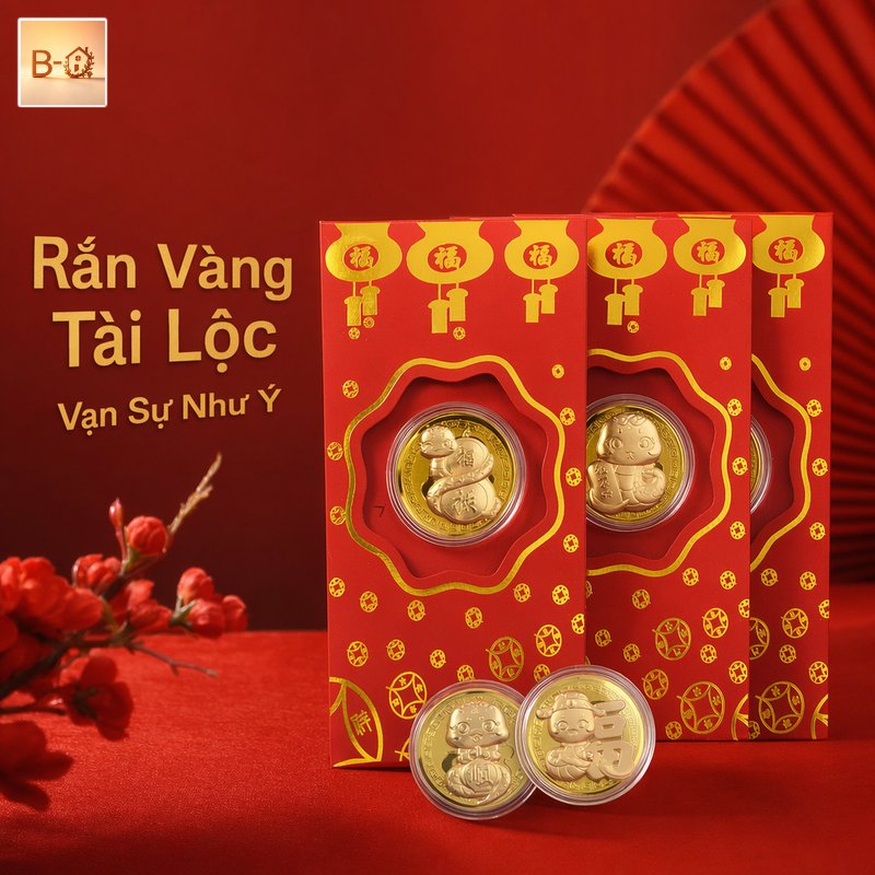 B-HQ Bao lì xì tết 2025 phong bì đỏ con rắn xu vàng đồng xu lưu niệm trang trí bàn thờ quà tặng năm mới