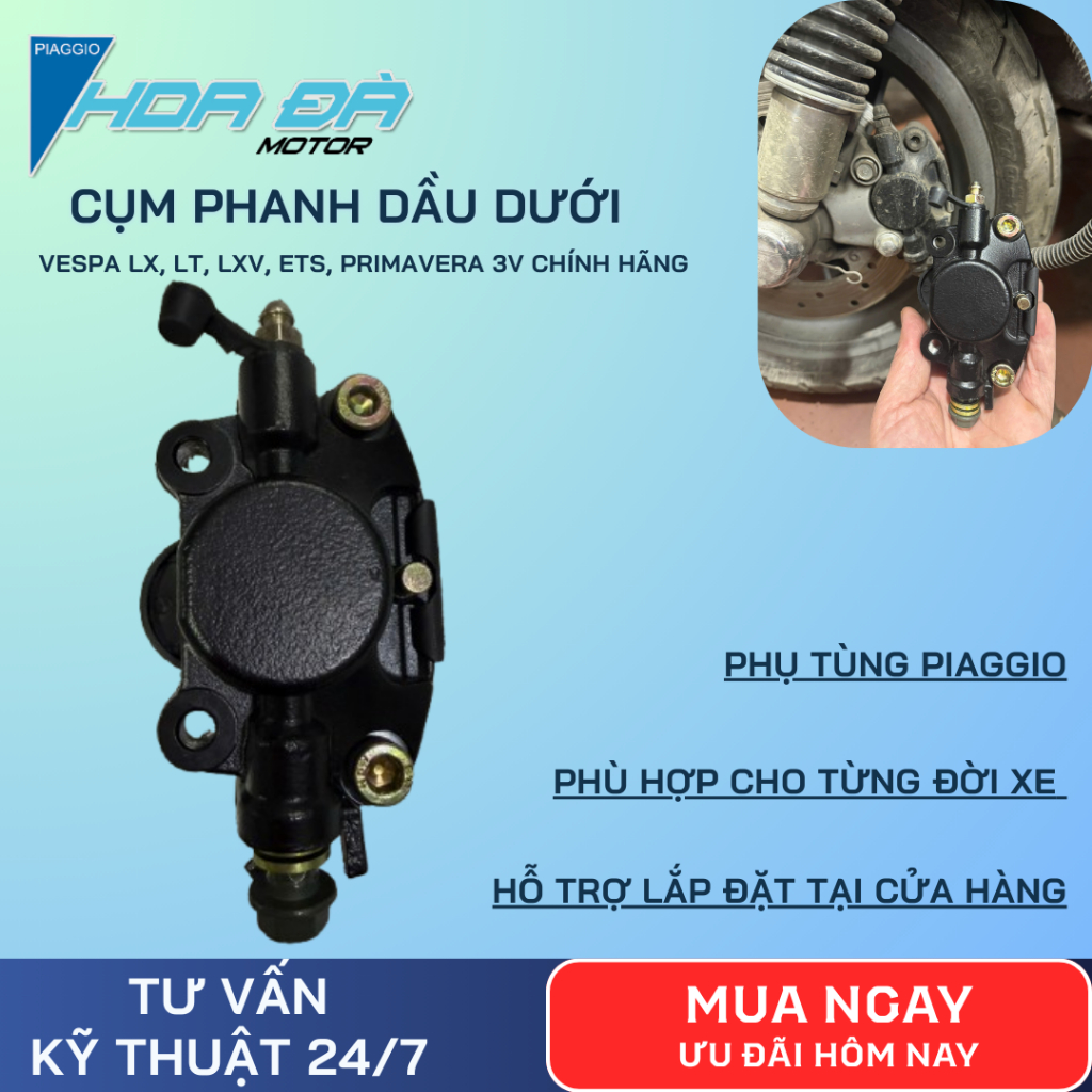 Cụm Phanh Dầu Dưới Vespa Chính Hãng - Cho LX, LT, LXV, ET, Primavera 3V Cụm Heo Phanh Nguyên Bản, Lắp Chuẩn