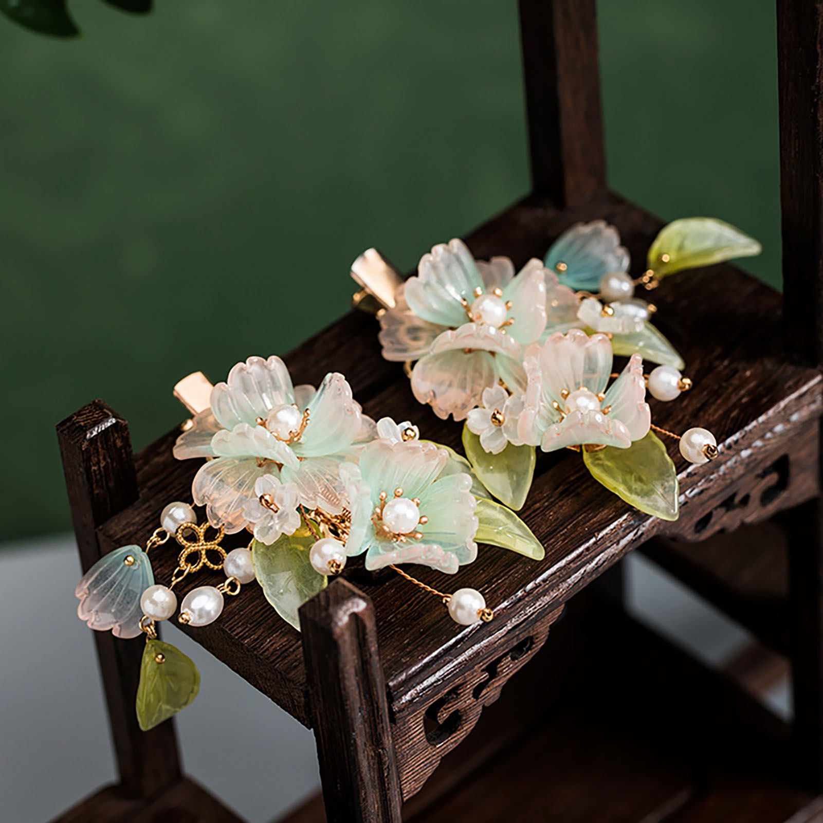 Ancient Style Kids Hair Clips with Flower Decor Handmade Fringed Hair Weaving Jewelry for Wedding Banquet Party Cheongsam KHF-VN