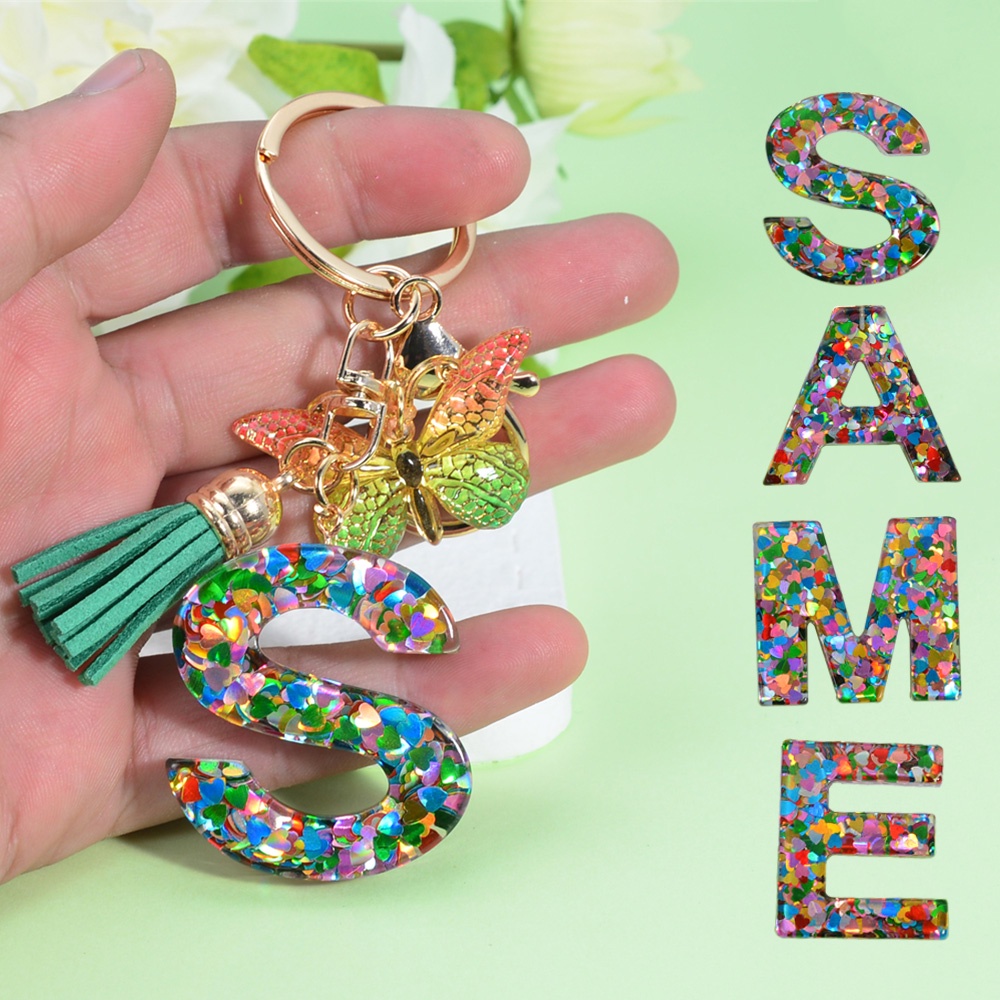 Multicolor Gradient Filling 26 Letter Resin Keychain With Yellow Ball And  Tassel For Women Initial KeyRing