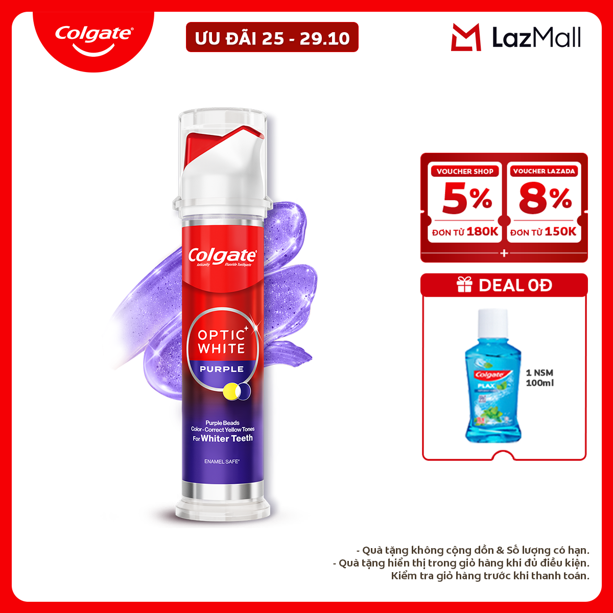 [Phiên bản giới hạn] Kem đánh răng Colgate Optic White Purple x IU vòi nhấn thông minh, trung hòa sắc vàng cho răng trắng sáng hơn  130g/ ống