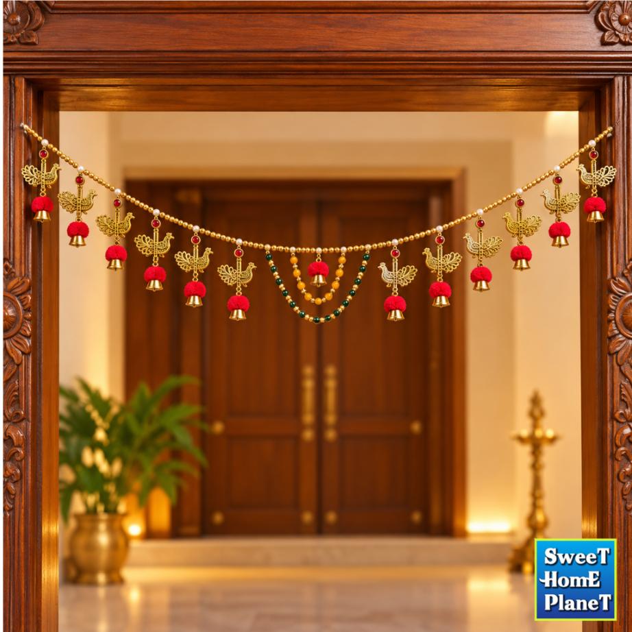 MT50 Peacock Thoranam Door Hanging 95cm Gold-Tone Charms Pearl Beads & Red Tassels for Pooja Room Temple & Deepavali Decor