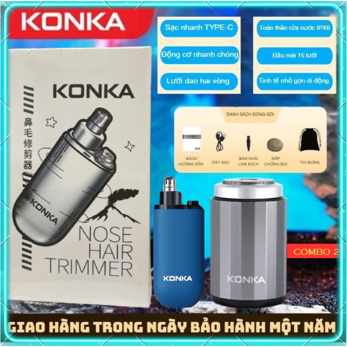 Combo Máy Cạo Râu Mini Konka Và Máy Tỉa Lông Mũi Konka, Chống Nước Và Có Thể Sạc Lại Dành Cho Nam - BEAUTY CARE STORE