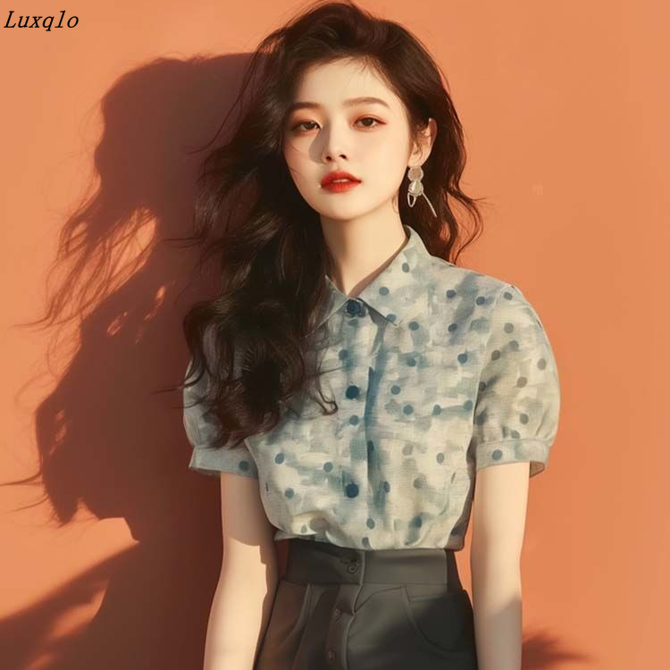 Luxqlo Women Shirt Korean Style Summer Short Sleeve Blouse Fashion Casual Vintage Top 2025 ราคา 231 บาท*ส่งฟรี