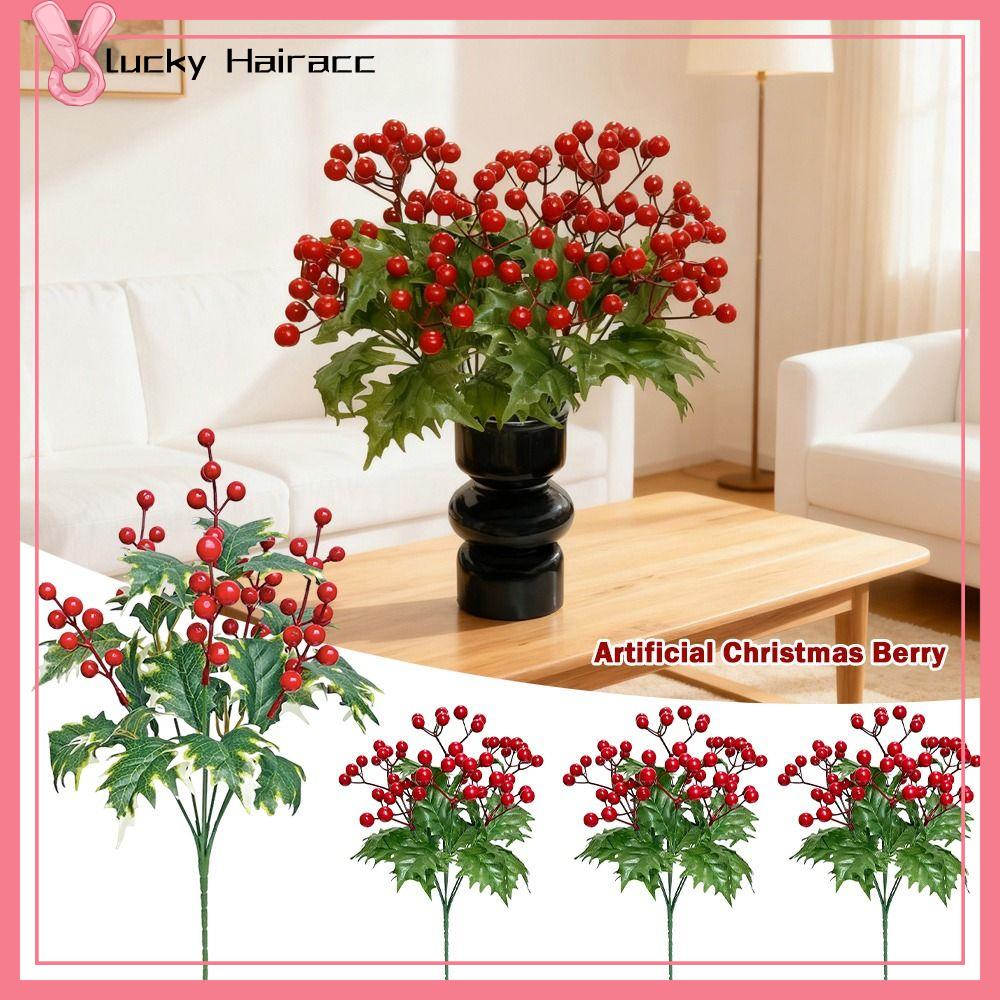 LUCKY HAIRACC Quả mọng đỏ Quả mọng Giáng sinh nhân tạo 7 nhánh Lá Holly Xanh Cây giả Sống động như thật Bọt Bố cục hoa năm  Sắp xếp năm