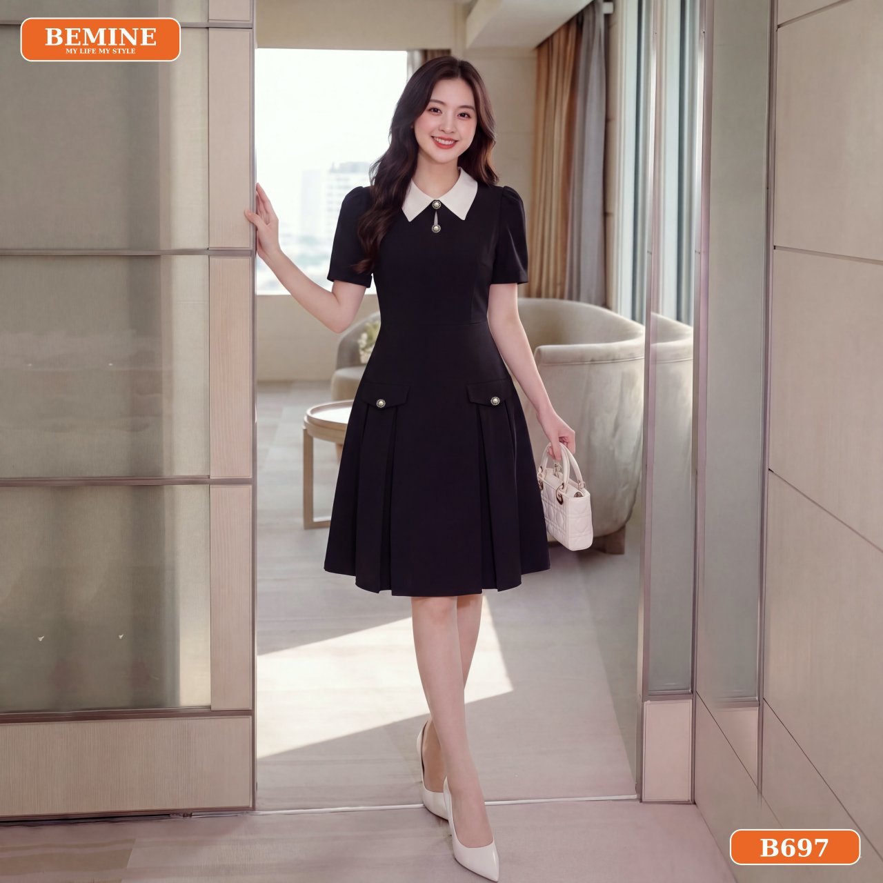 [DUY NHẤT 25-29.09-VOUCHER 40K]Đầm thiết kế BEMINE cổ đức đính cúc dáng chữ A phù hợp đi chơi-B697