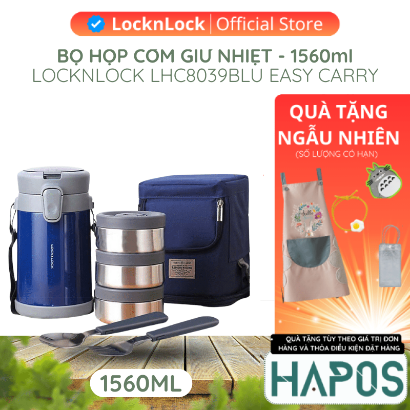 Bộ hộp cơm giữ nhiệt LocknLock Easy Carry 2L LHC8039 có túi (1 hộp 720ml, 2 hộp 420ml kèm 1 bộ muỗng nĩa) - HAPOS OFFICIAL