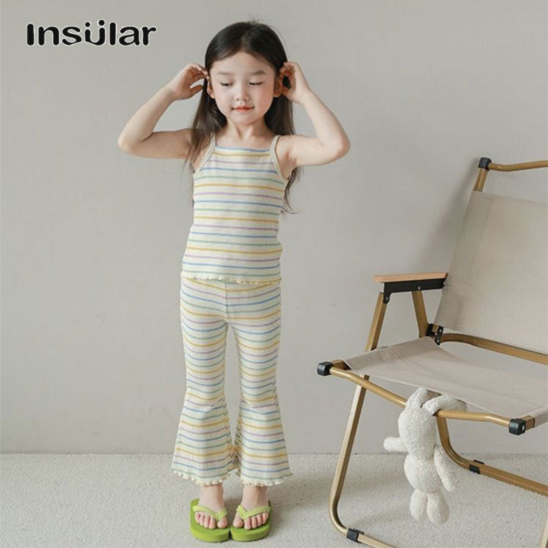 O'KADY Girls Summer Korean Style Fashionable Suit Ice Silk Thin Children's Striped Camisole Flared Pants Two-piece Set ราคา 215 บาท*ส่งฟรี