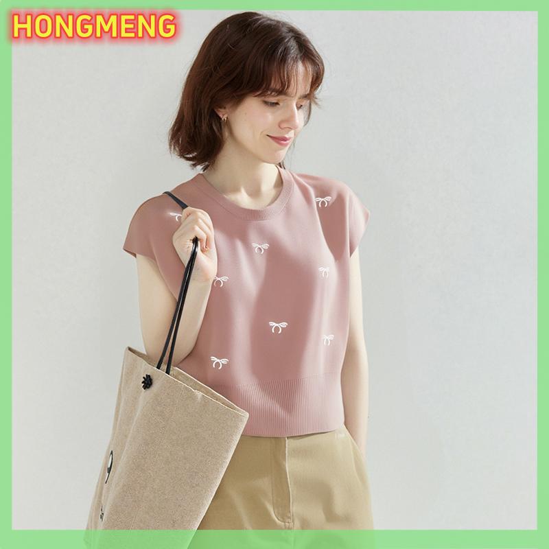 HONGMENG Áo Thun Nữ Dệt Kim thường ngày dáng rộng tay ngắn cổ tròn thêu nơ ngọt ngào