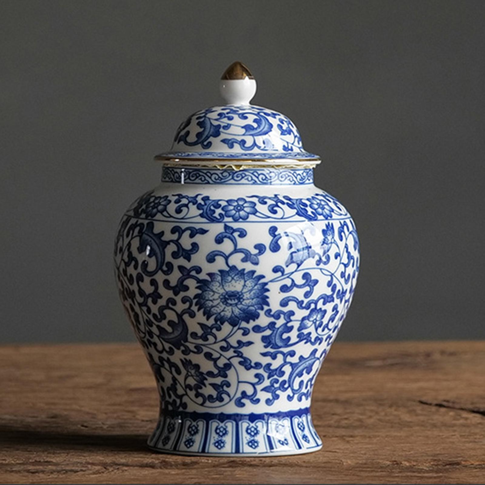 Chinese Style Ceramic Ginger Jar Beautiful Dried Flower Vase Glazed Asian Decor Chinese Blue White Vase Centerpiece Temple Jar