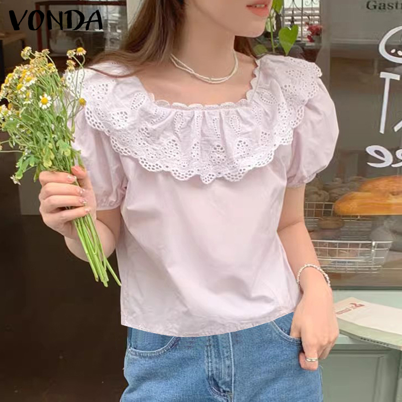 VONDA Womens Girly Style Square Collar Lace Patchwork Blouses French Gentle Loose Pullover (Korean Floral)