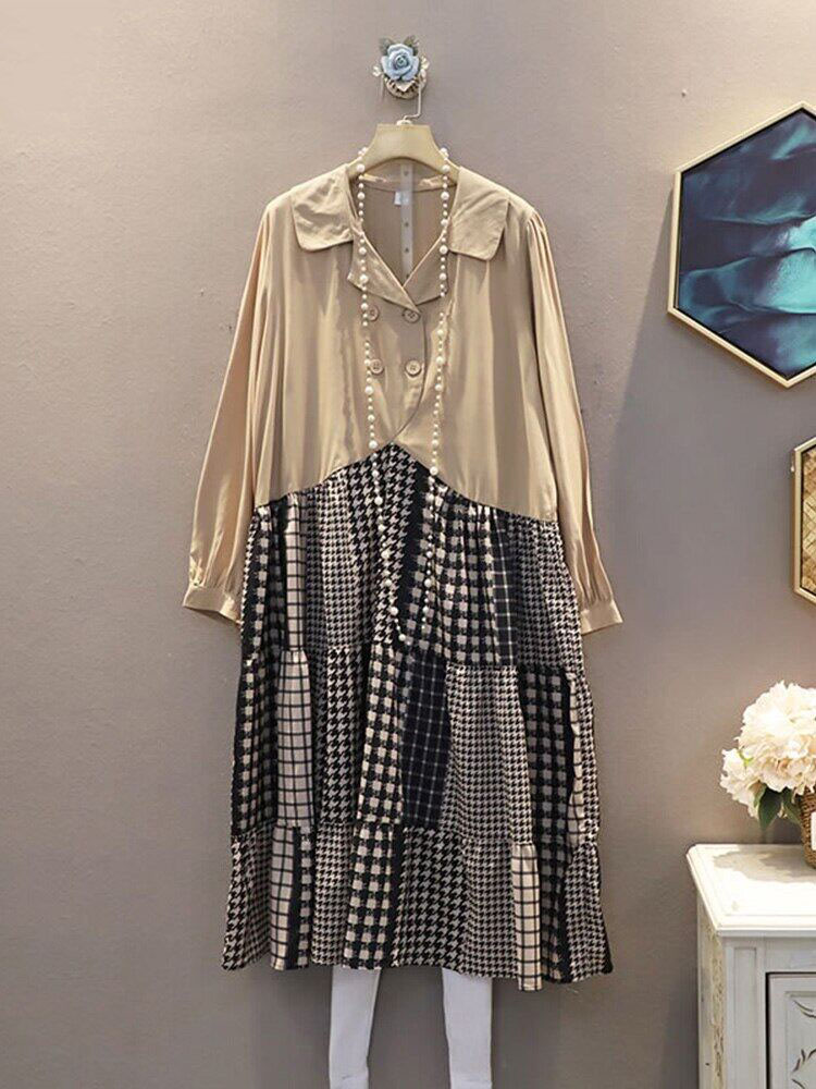 XITAO Patchwork Button Loose Dress Women Autumn Casual Style Temperament Turn Down Collar Full Sleeve Dress ZP2819