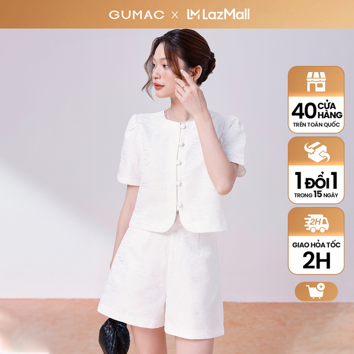 Set lẻ Áo sơ mi nữ lửng tay phồng thời trang GUMAC AE08039 - Quần Short phối bản lưng GUMAC SHE08040