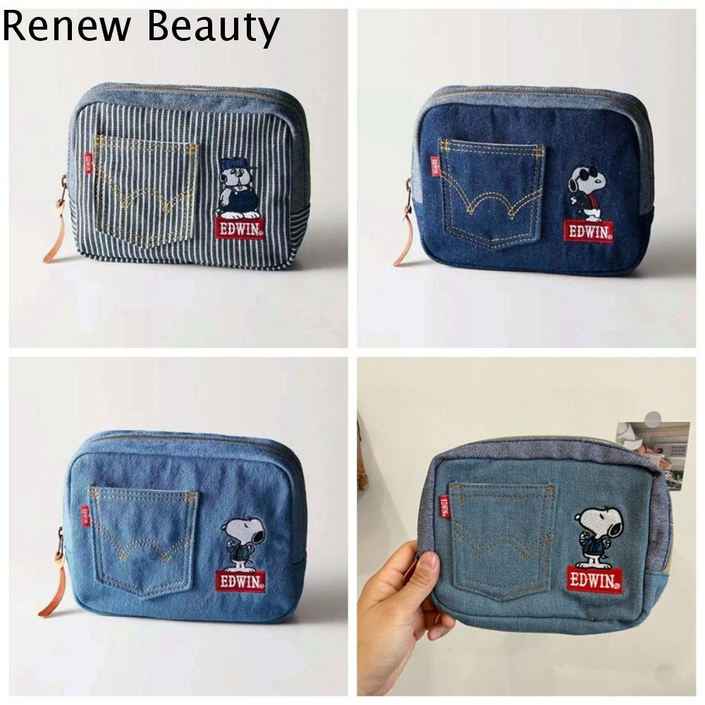 RENEW 2pcs/set Thêu Túi trang điểm Snoopy Sọc Ví cầm tay Túi xách mỹ phẩm màu xanh dương Di động Đa năng Túi đựng đồ Denim Du lịch