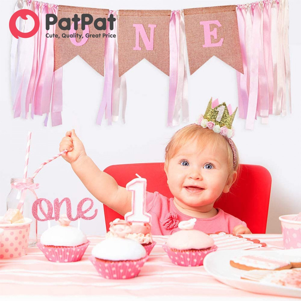 Patpat bé gái vương miện bữa tiệc sinh nhật 1 và vòng trang trí màu hồng: vương miện, Banner chúc mừng sinh nhật và bộ phụ kiện trang trí bánh ngọt