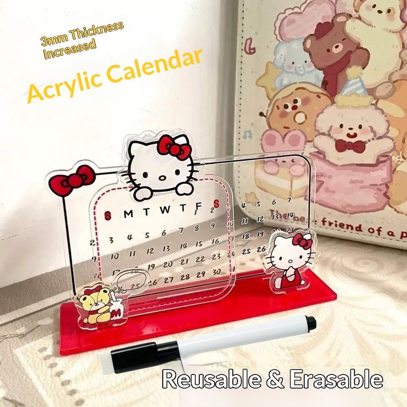 OURUNZHE ปฏิทินตั้งโต๊ะอะคริลิคเฮลโลคิตตี้น่ารักพื้นผิวที่ลบได้สำหรับบันทึกและวางแผนประจำวัน