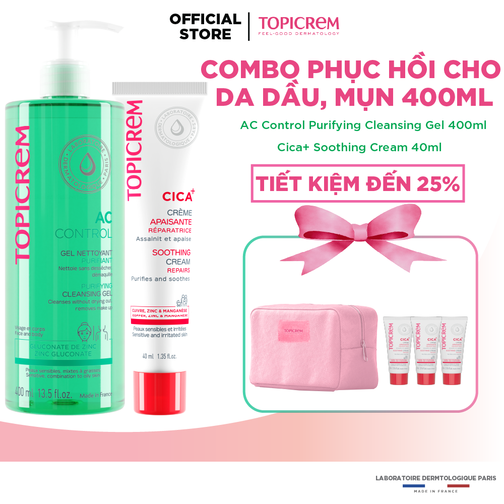[Combo phục hồi cho da dầu, mụn 400ml] Combo Gel rửa mặt AC Control 400ml Kem dưỡng phục hồi Cica+ 40ml