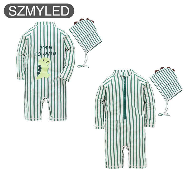 Toddler Boy 2pcs Rash Guard Short Jumpsuits Swimsuit Cartoon Dinosaur Pattern Long Sleeve Swimwear With Hat
