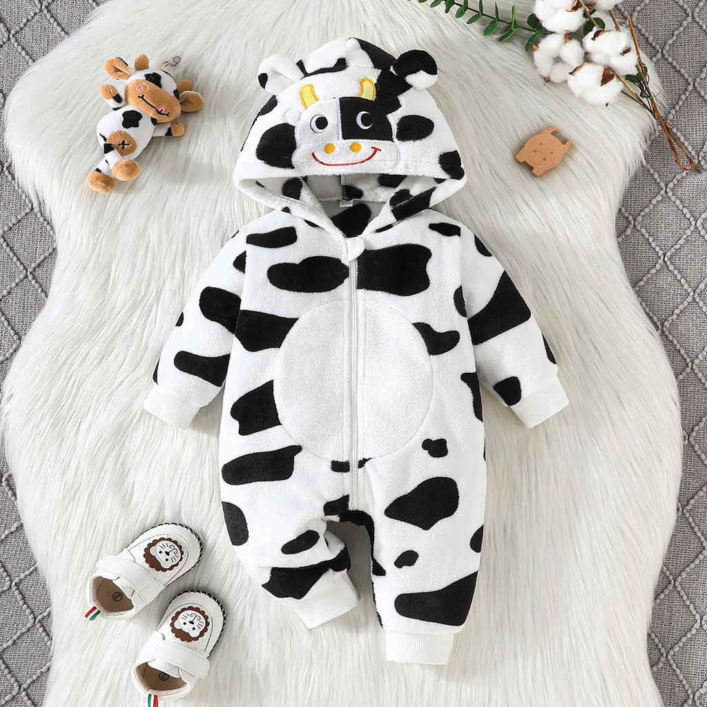 Body bé gái bé trai đồ sơ sinh từ 1 đến 18 tháng Áo Hoodie bodysuit liền thân In Họa Tiết Bò Hoạt Hình Giữ Ấm Mùa Đông Dễ Thương Dành dài tay quần áo cho bé trẻ em