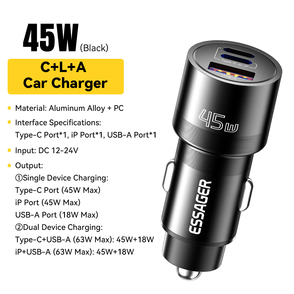 Essager IP Cổng sạc điện dùng trên xe hơi loại USB C Pd QC 3.0 Pps 45W Nhanh Chóng sạc điện thoại Ip