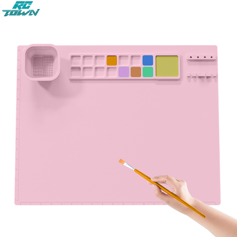 Kids Silicone Art Mat With Foldable Cup Brush Holder Color Dividers