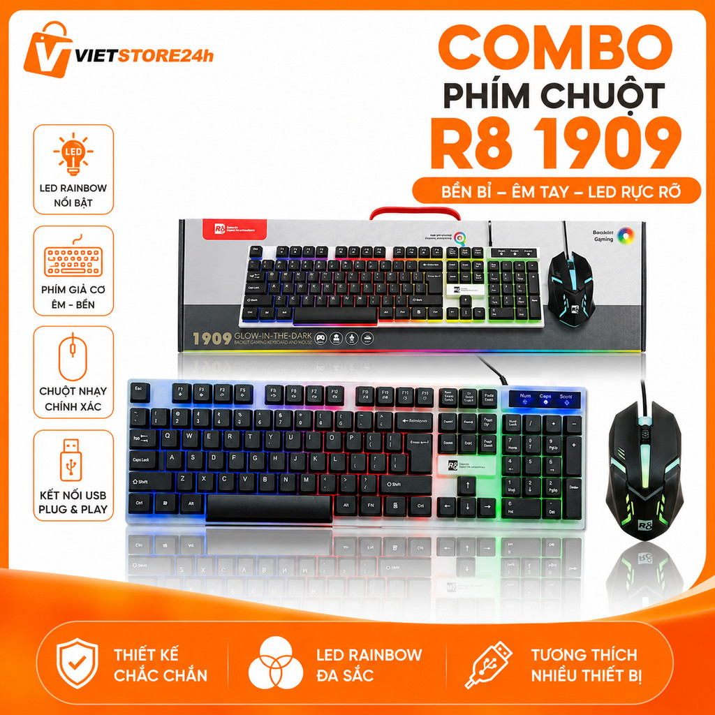 Bộ Phím + Chuột R8 1909 Chuyên Game Giả Cơ Led 7 Màu - Hàng Mới - Full Box