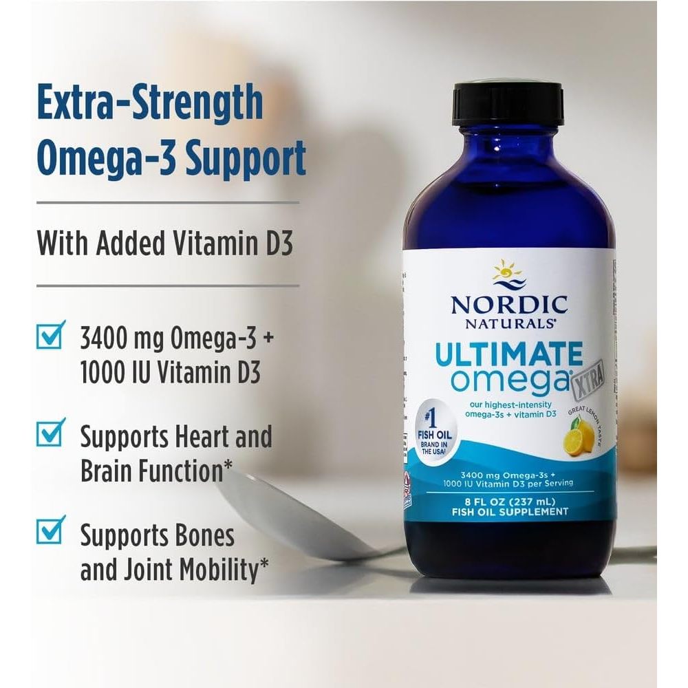 Dầu cá cô đặc dạng lỏng Nordic Naturals Ultimate Omega Xtra Liquid - 237ml hương chanh bổ sung thêm vitamin D3 từ Mỹ - Sản phẩm Ultimate Omega® Xtra với hàm lượng EPA cao kết hợp dầu cá nguyên chất, giàu dưỡng chất với 1000 IU vitamin D3, mang lại sự hỗ t
