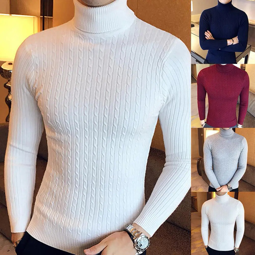 Casual Men Winter Solid Color Turtle Neck Long Sleeve Twist Knitted Slim Sweater Men's Knitted Sweaters Pullover Men999_voghion.com