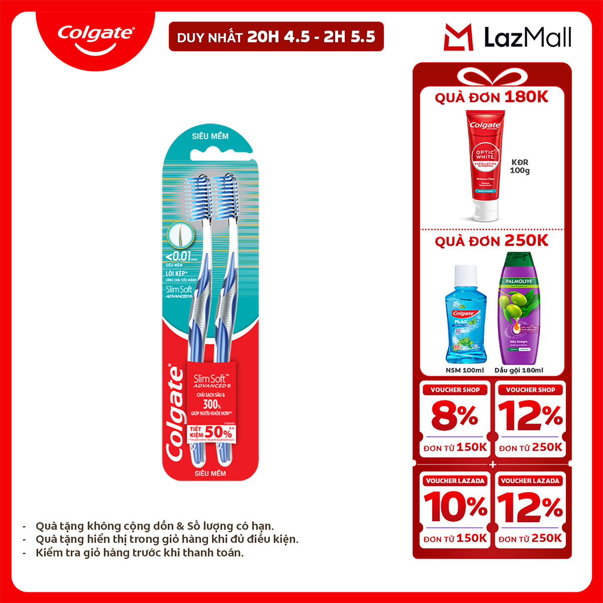 [Chỉ 25-29.4_X2 Voucher giảm 20%] Bàn chải Colgate Slimsoft Advanced ngăn chảy máu nướu siêu mềm mảnh