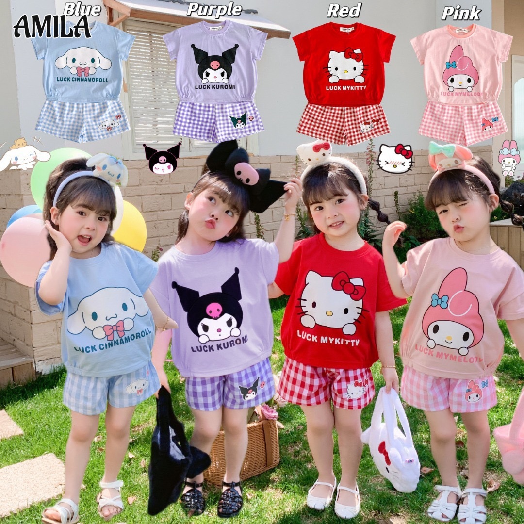 AMILA [rẻ vô địch] Bộ ngắn tay cho bé gái quần áo bé gái Áo thun ngắn tay kuromi phim hoạt hình dễ thương Mới Mùa Hè + quần đùi kẻ caro mềm mại và thoải mái