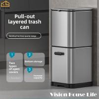 Vision 18L/21L Stainless Steel Trash Can With Sliding Cover And Flip Cover Double-layer Garbage Can Kitchen Dry and Wet Separation Trash Bin Large Capacity Sorting Bin High Cylinder Dry-Wet Garbage Sorting Can