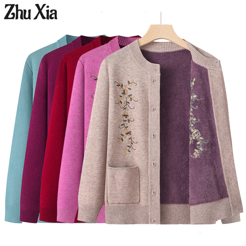 Zhu XIA phụ nữ trung niên và cao tuổi cộng với nhung dày Áo cardigan dệt kim Mùa Đông Áo khoác mùa xuân và mùa thu Áo len bà