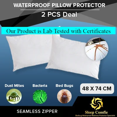 2pcs Pillow Waterproof Encasement / Protector or Pillow Protector Protect Against Fluid Spills, Dust Mites and Bed Bug - 2 Pieces Deal (seamless zipper type) LAB TESTED WITH NEW CERTIFICATION