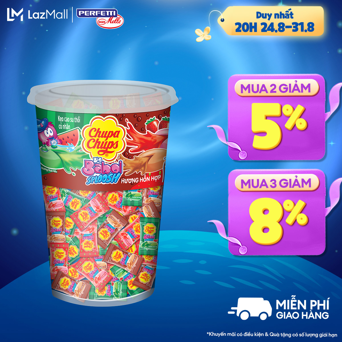 Kẹo cao su gum thổi có nhân Chupa Chups Big Babol Sploosh hương dưa hấu, dâu, cola