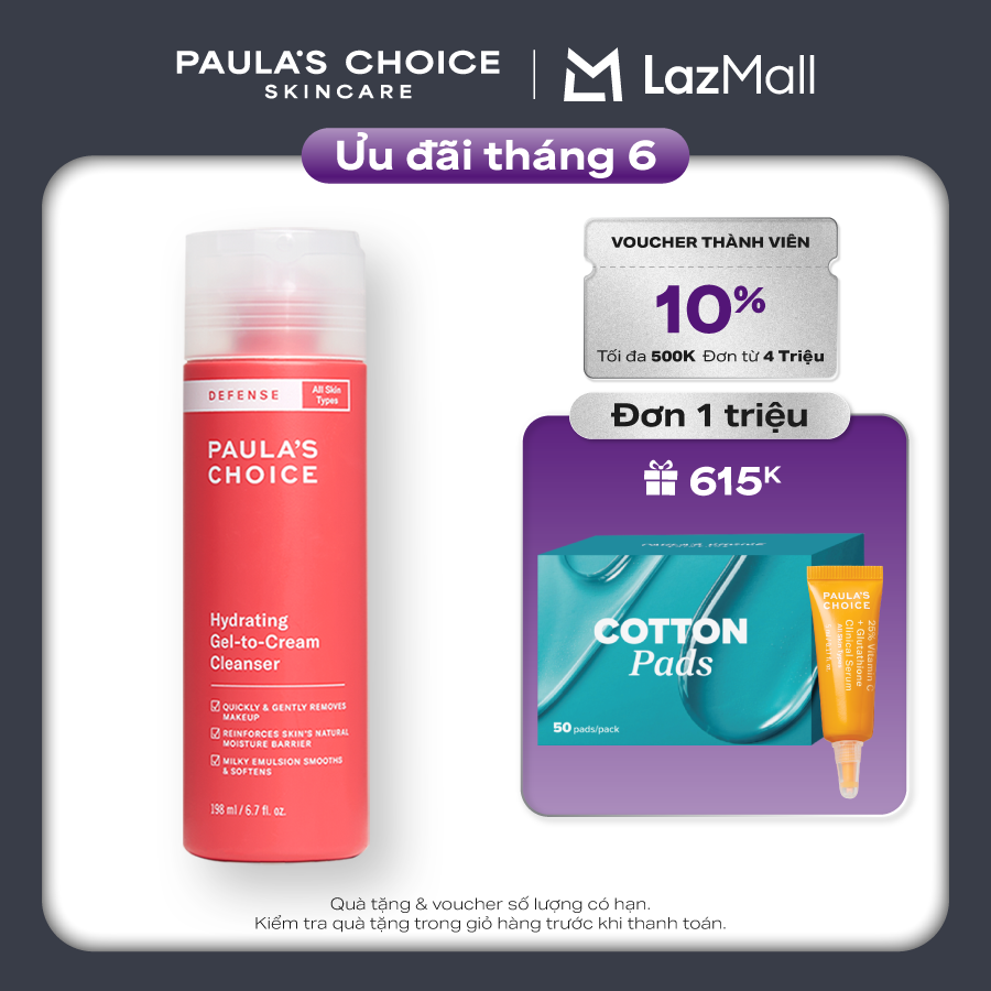 Sữa rửa mặt ngăn ngừa tác hại từ môi trường dành cho mọi loại da Paula’s Choice Defense Hydrating Gel to Cream Cleanser 198ml 2210