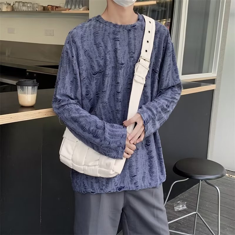 Hanlu áo thun nam form rộng Cổ tròn mới dài tay áo mùa hè màu trơn thời trang áo phông nam giản dị á