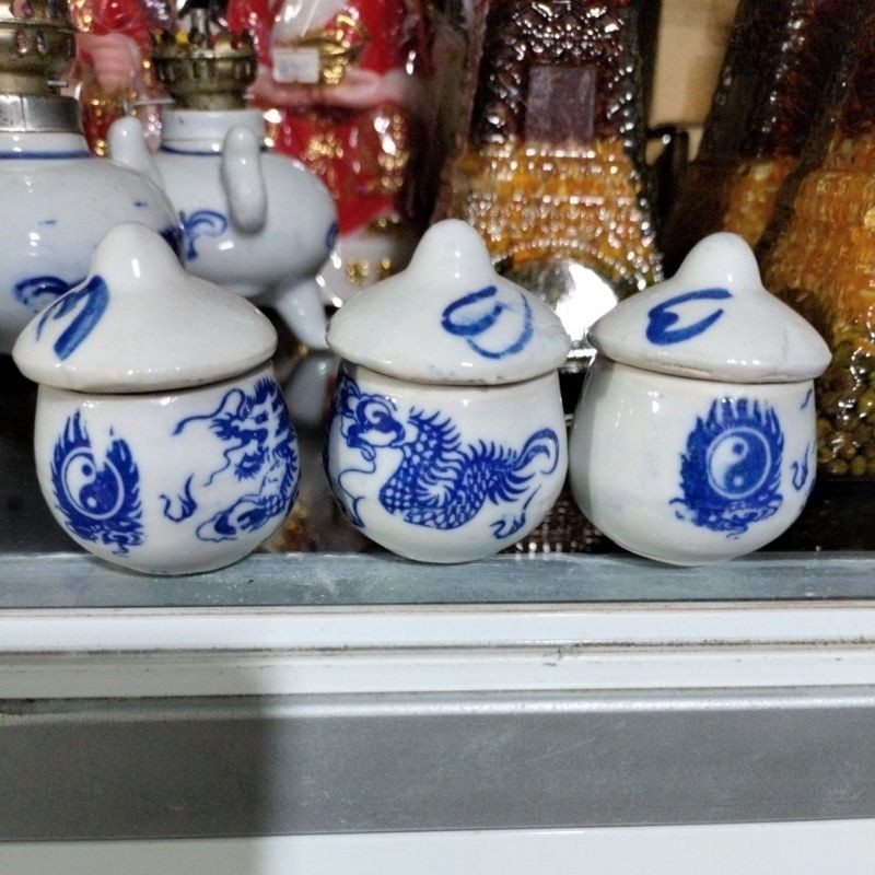Bộ chung 3 ly5 ly đựng nước thờ cúng sứ rồng xanh có nắp