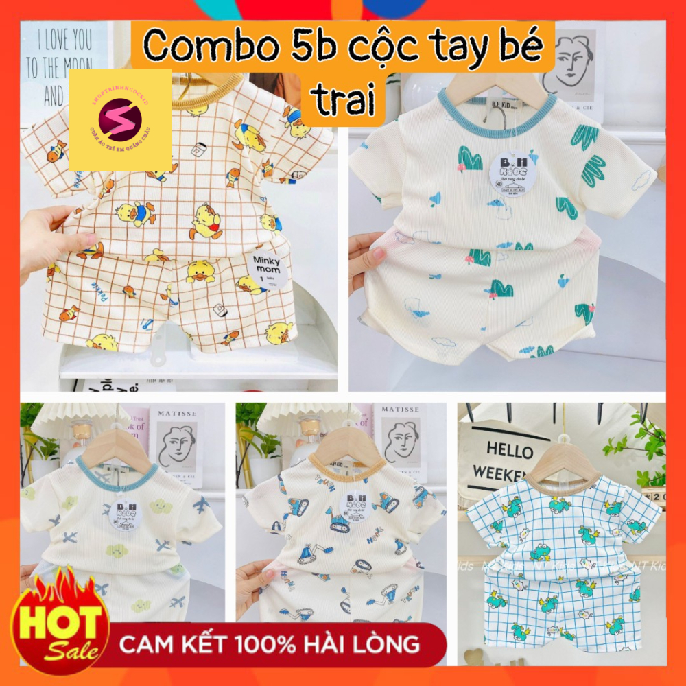 Combo 5 bộ cộc tay vải tăm lạnh, mịn mát, co giãn, thấm hút mồ hôi nhiều hoạ tiết dễ thương, cho bé sơ sinh - 3